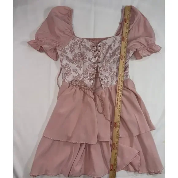 Fairycore Coquette Corset Lace Up Pink Mini Dress Puff Sleeve Cottagecore  Large - Picture 9 of 13